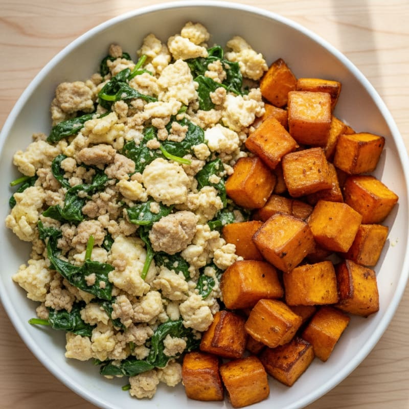 Egg White and Turkey Spinach Scramble with Roasted Sweet Potato