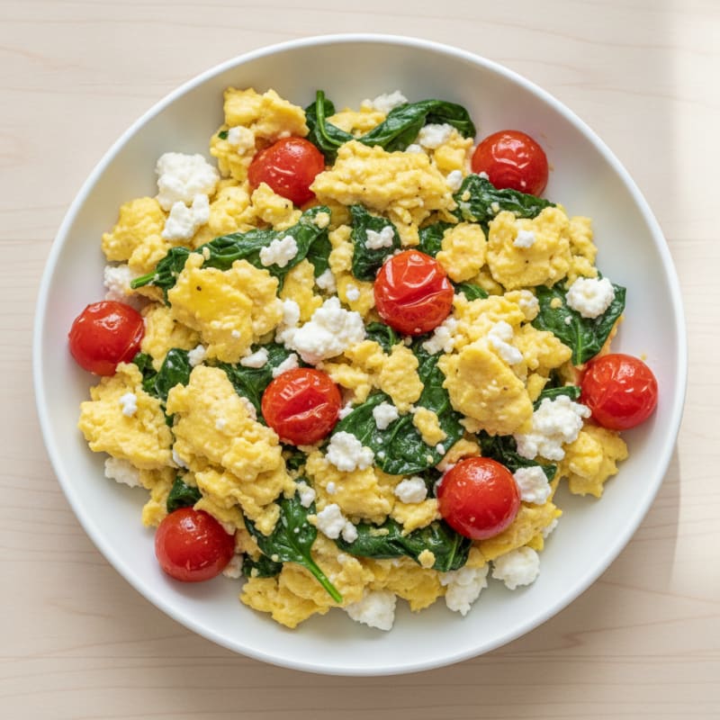 Cottage Cheese Egg Scramble with Spinach and Cherry Tomatoes