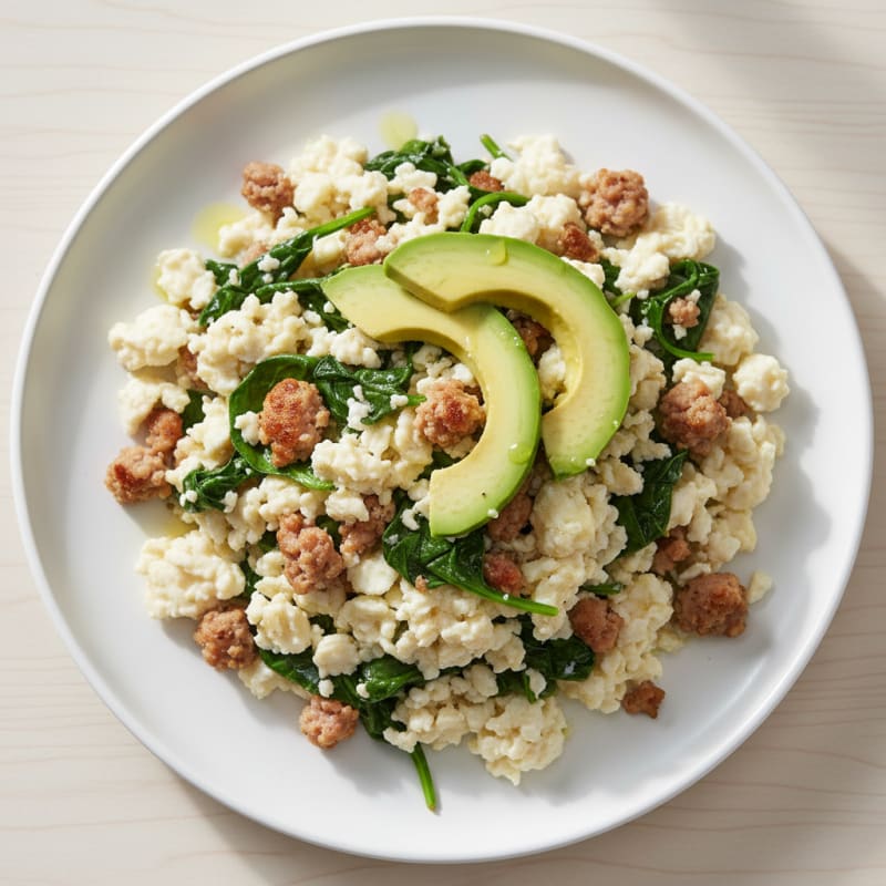 Egg White Scramble with Turkey Sausage and Sautéed Spinach