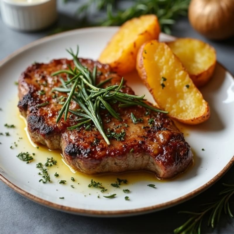 Herb-Crusted Pan-Seared Steak with Garlic Roasted Potato Wedges