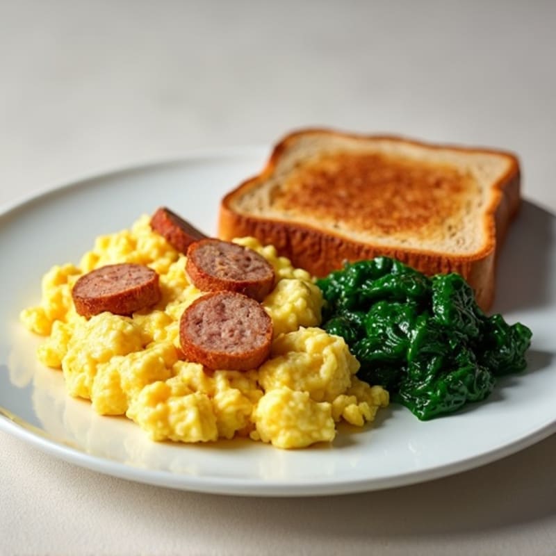Egg White and Turkey Sausage Scramble with Sautéed Spinach