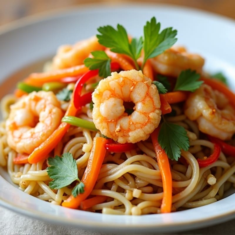 Lighter Shrimp with Tangy Peanut Rice Noodles and Crisp Vegetables