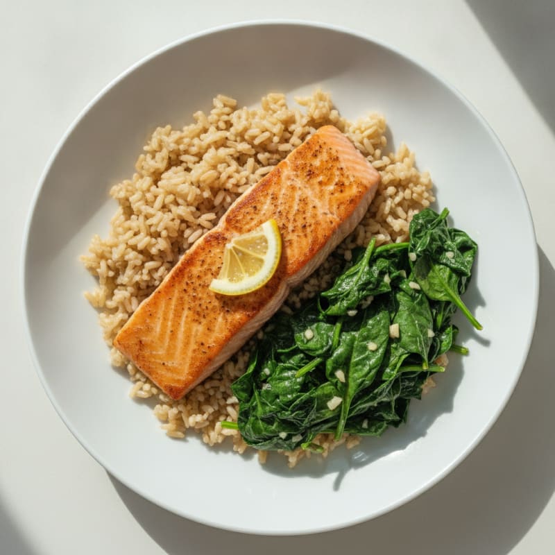 Seared Salmon Fillet with Garlic Spinach and Brown Rice
