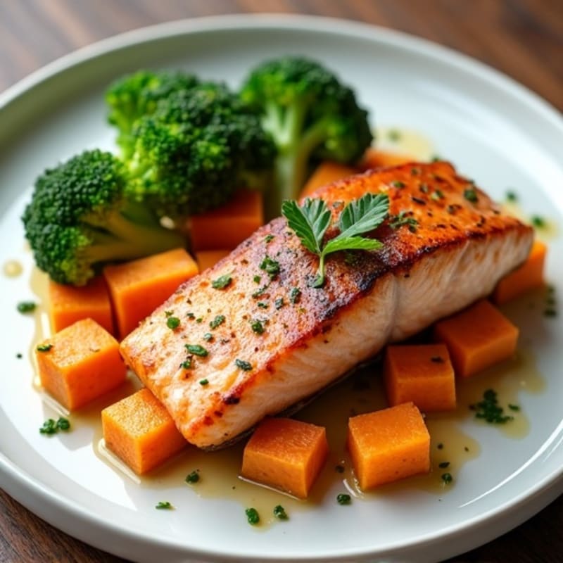 Seared Salmon with Roasted Sweet Potato and Steamed Broccoli