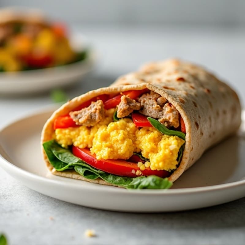 Hearty Scrambled Egg, Lean Turkey Sausage, and Veggie Breakfast Burrito