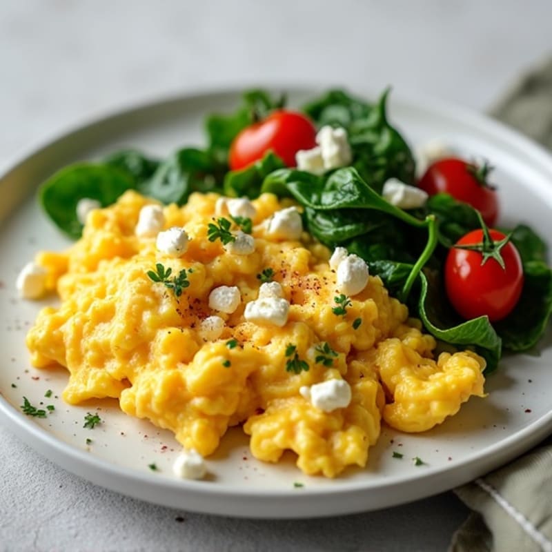 Creamy Scrambled Eggs with Sautéed Spinach and Cherry Tomatoes