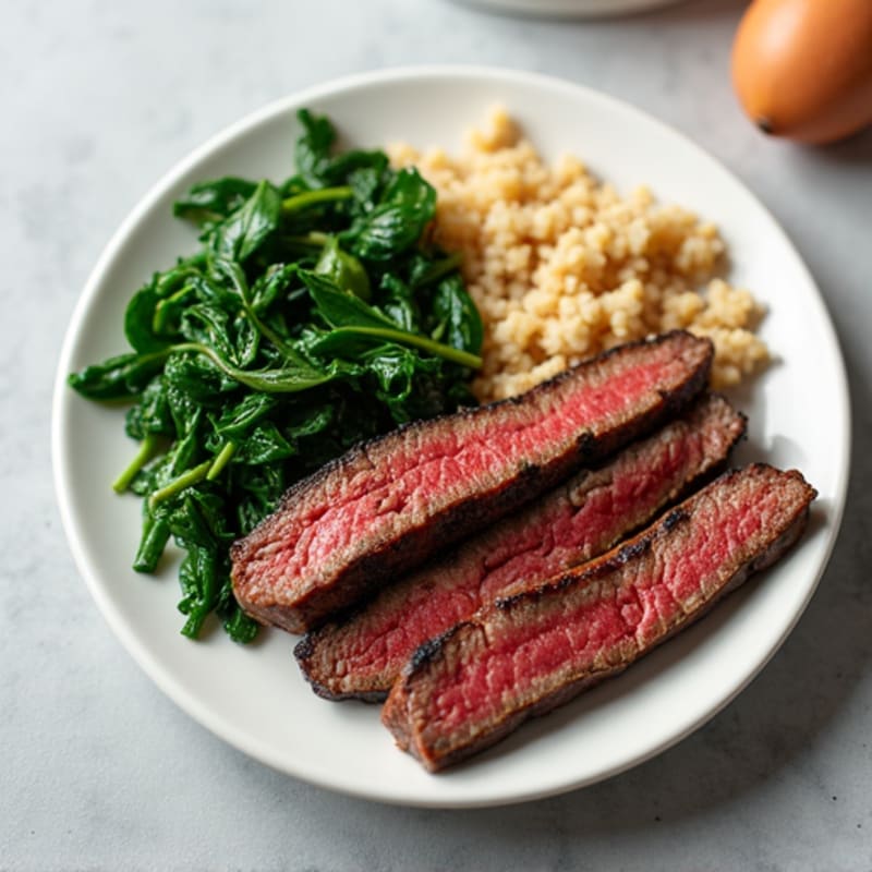Seared Lean Beef Strips with Sautéed Spinach and Brown Rice