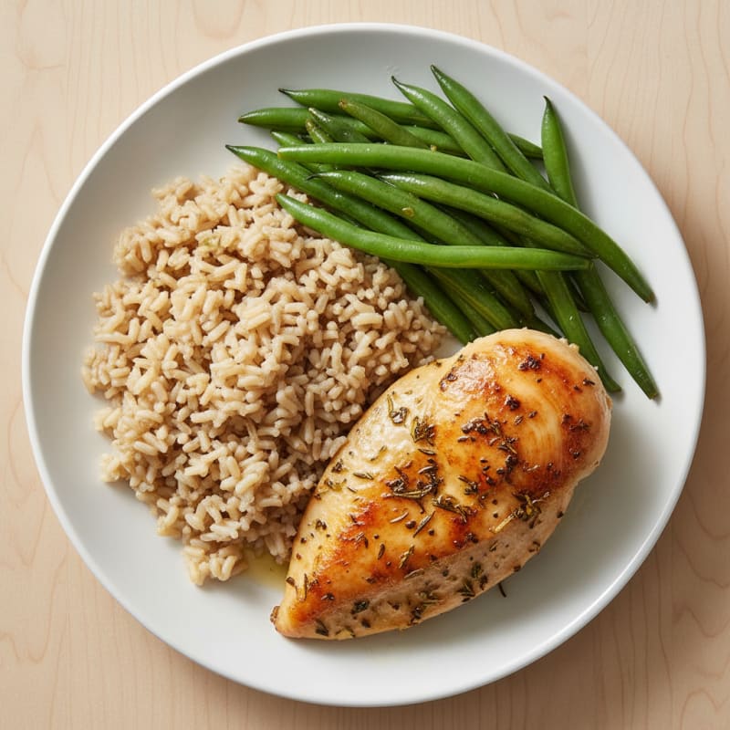 Herb-Roasted Chicken Breast with Steamed Green Beans and Brown Rice