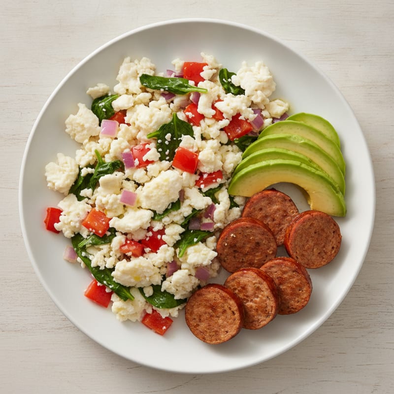 Egg White Veggie Scramble with Seared Turkey Sausage