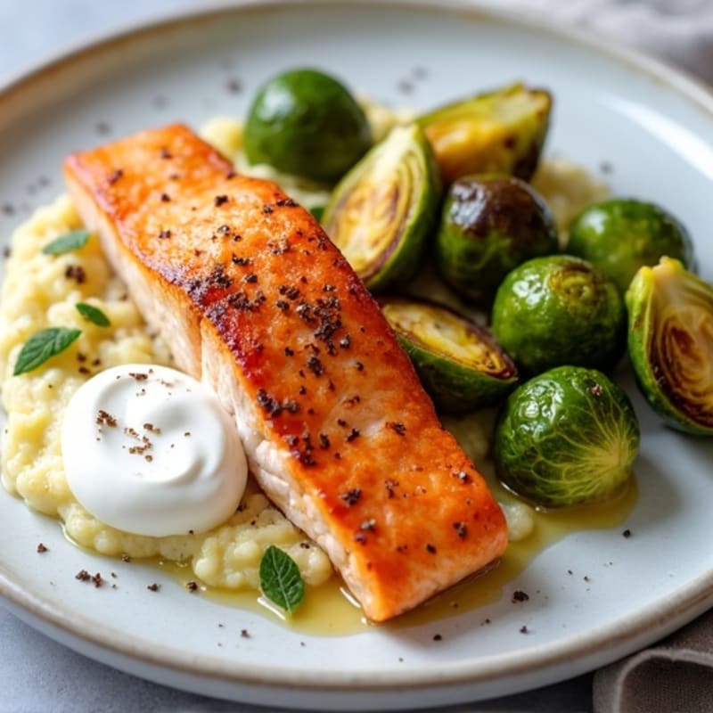 Seared Salmon Fillet with Roasted Brussels Sprouts and Garlic Cauliflower Mash