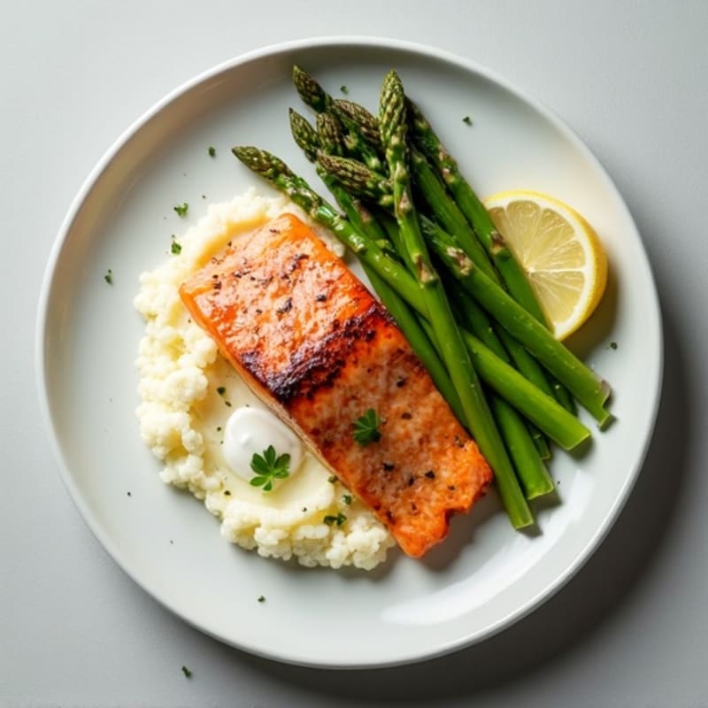 Seared Salmon with Steamed Asparagus and Cauliflower Mash
