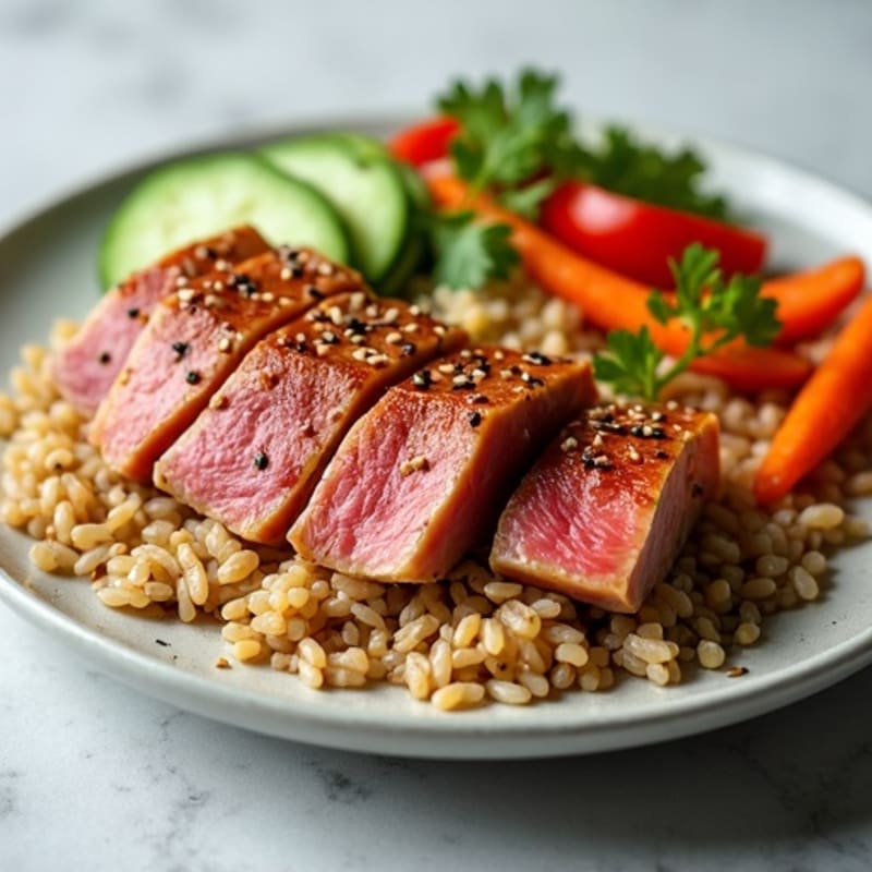 Sesame-Soy Marinated Tuna with Brown Rice and Fresh Crunchy Vegetables