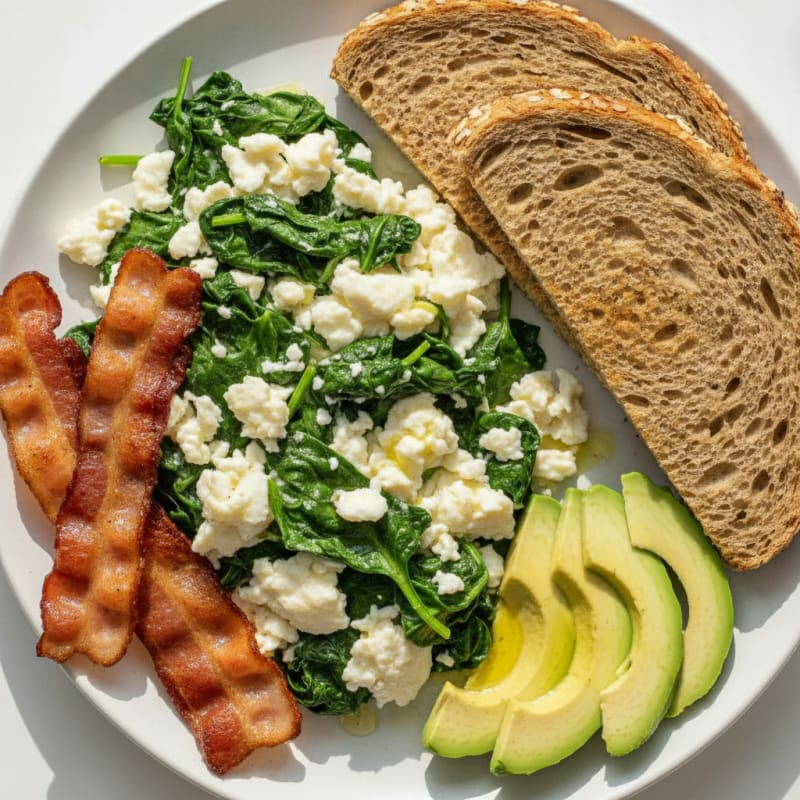 Crispy Turkey Bacon and Egg White Scramble with Sautéed Spinach