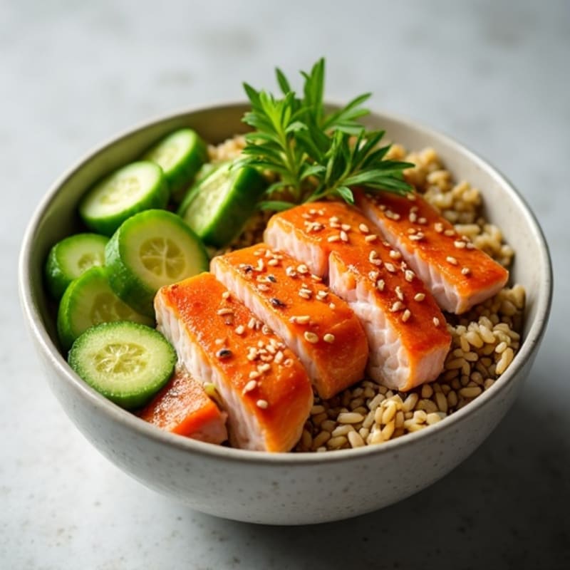 Sesame-Ginger Salmon Rice Bowl with Fresh Avocado and Crunchy Cucumbers