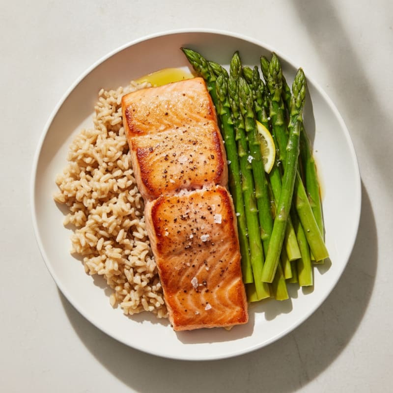 Seared Salmon with Steamed Asparagus and Brown Rice