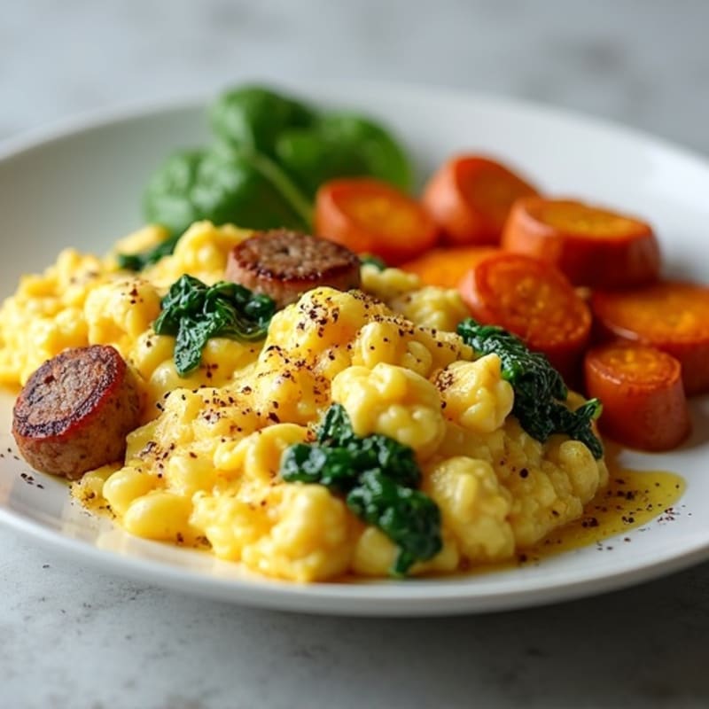 Egg White and Chicken Sausage Scramble with Spinach and Roasted Sweet Potatoes