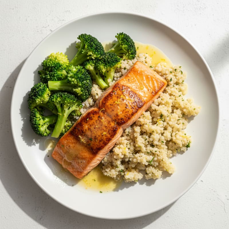 Seared Salmon with Steamed Broccoli and Lemon-Garlic Quinoa