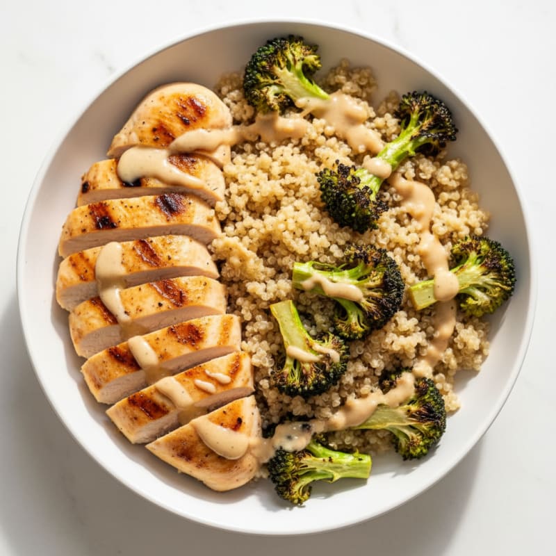 Grilled Chicken and Quinoa Bowl with Roasted Broccoli and Lemon Tahini Drizzle
