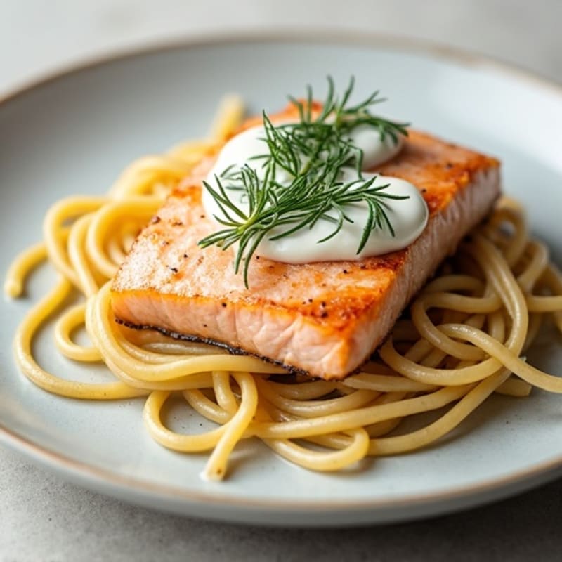 Creamy Lemon-Dill Pan Seared Salmon Pasta