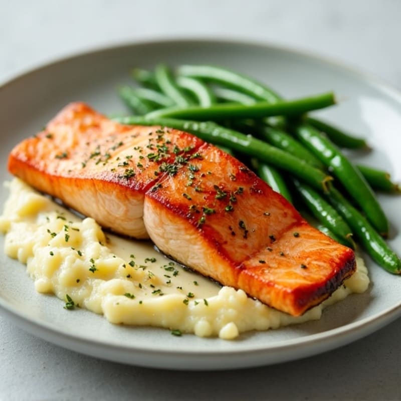 Seared Salmon with Steamed Green Beans and Garlic Cauliflower Mash