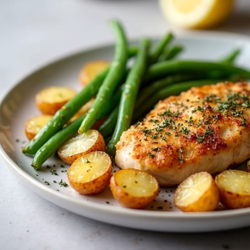 Crispy Herb-Roasted Potatoes with Lemon Garlic Chicken and Tender Green Beans