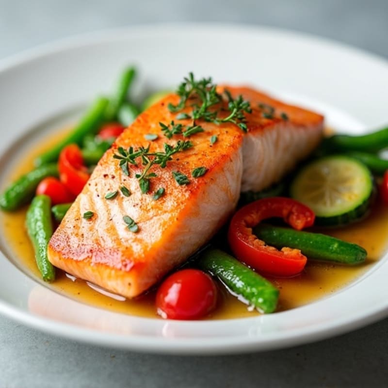 Seared Salmon with Aijia Vegetable Stir Fry