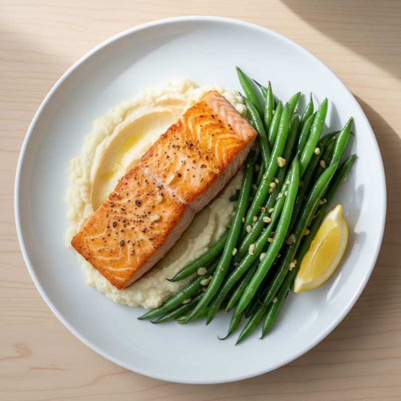 Seared Salmon with Garlic Green Beans and Mashed Cauliflower