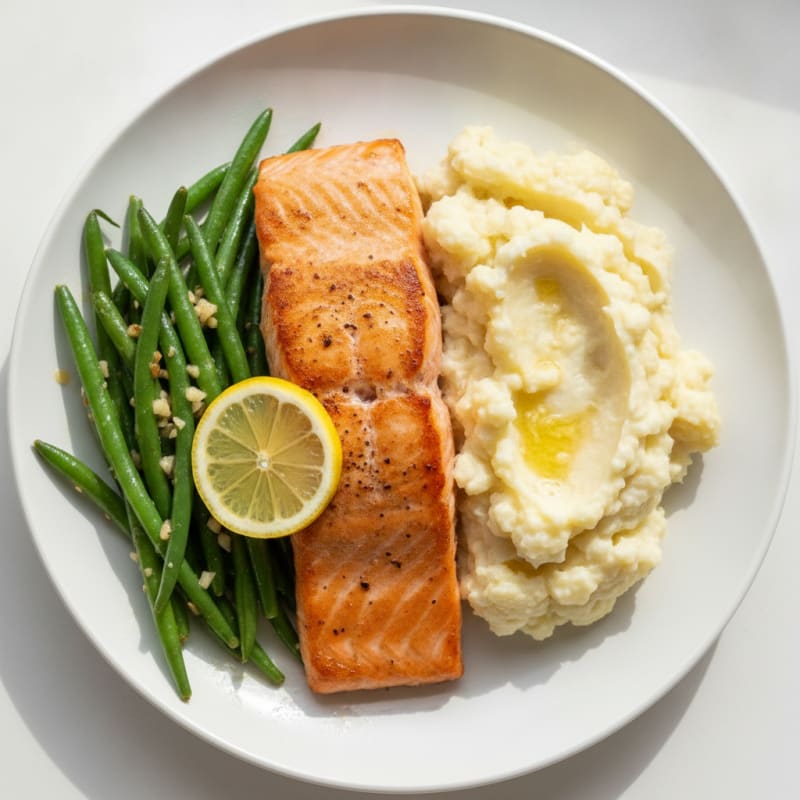 Seared Salmon with Garlic Green Beans and Mashed Cauliflower