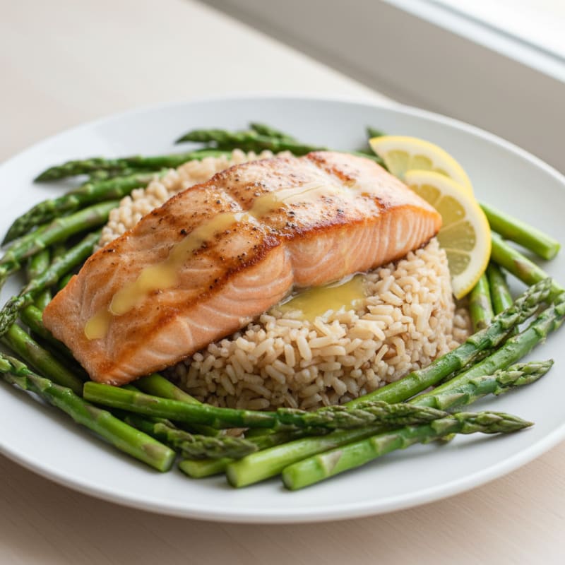 Seared Salmon Fillet with Steamed Asparagus and Brown Rice