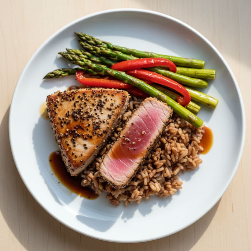 Seared Tuna Steak with Roasted Vegetables and Brown Rice