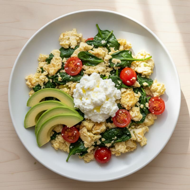 Egg White and Spinach Scramble with Cottage Cheese and Cherry Tomatoes