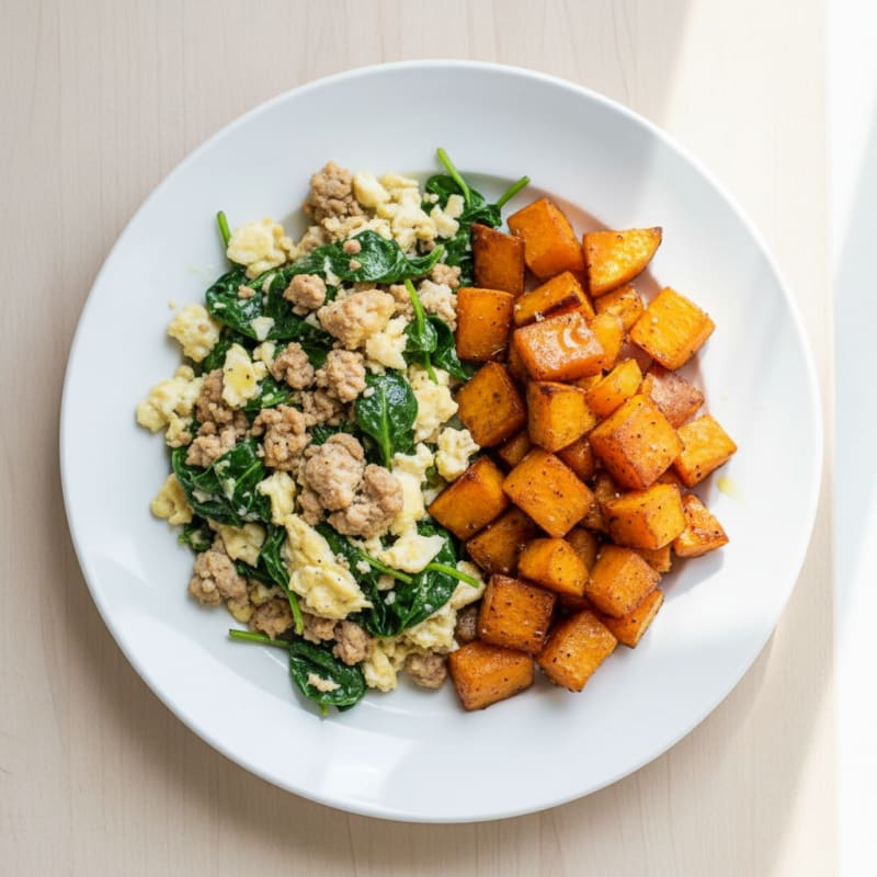 Egg White and Turkey Spinach Scramble with Roasted Sweet Potatoes