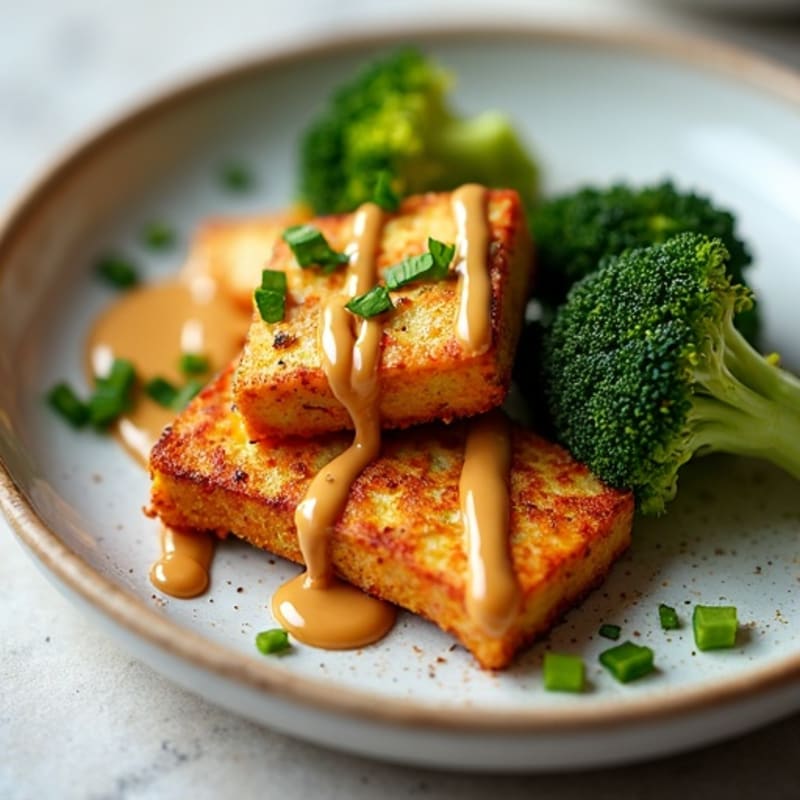 Crispy Baked Tofu with Roasted Broccoli and Peanut Drizzle