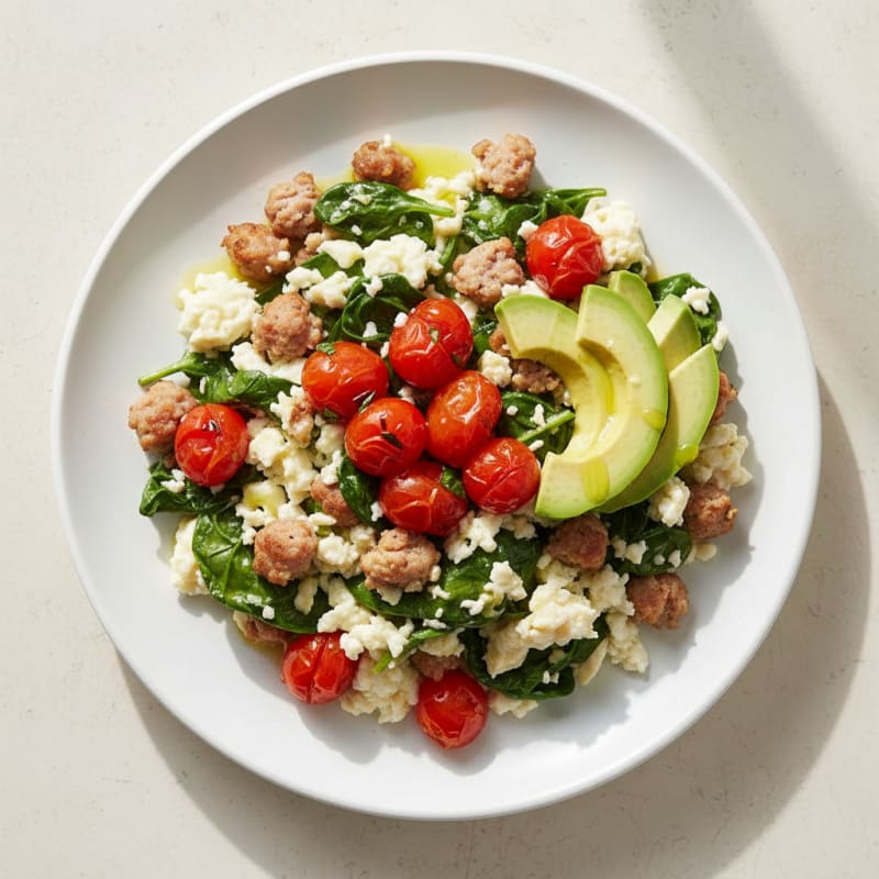 Egg White and Turkey Sausage Scramble with Spinach and Tomatoes