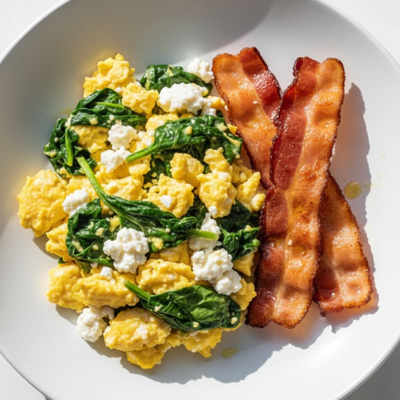 Cottage Cheese Egg Scramble with Spinach and Turkey Bacon