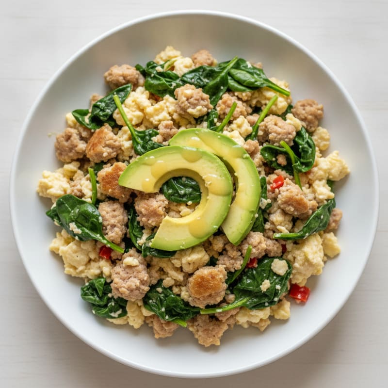Egg White Scramble with Turkey Sausage and Sautéed Spinach