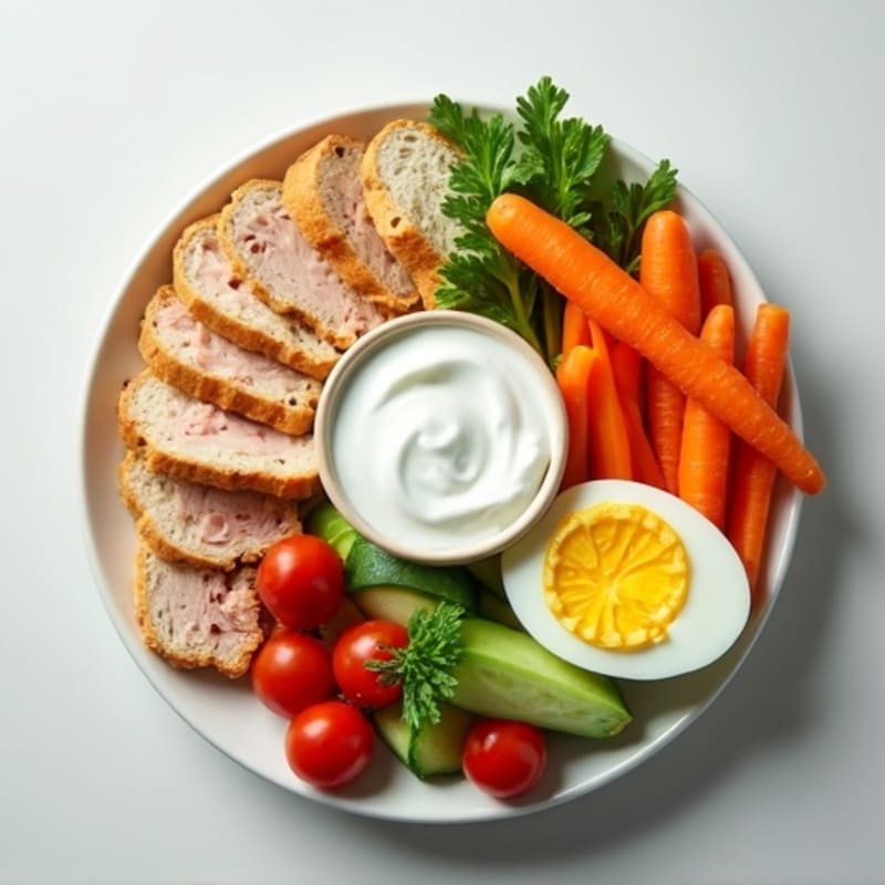 High-Protein Snack Plate with Fresh Vegetables and Creamy Dip