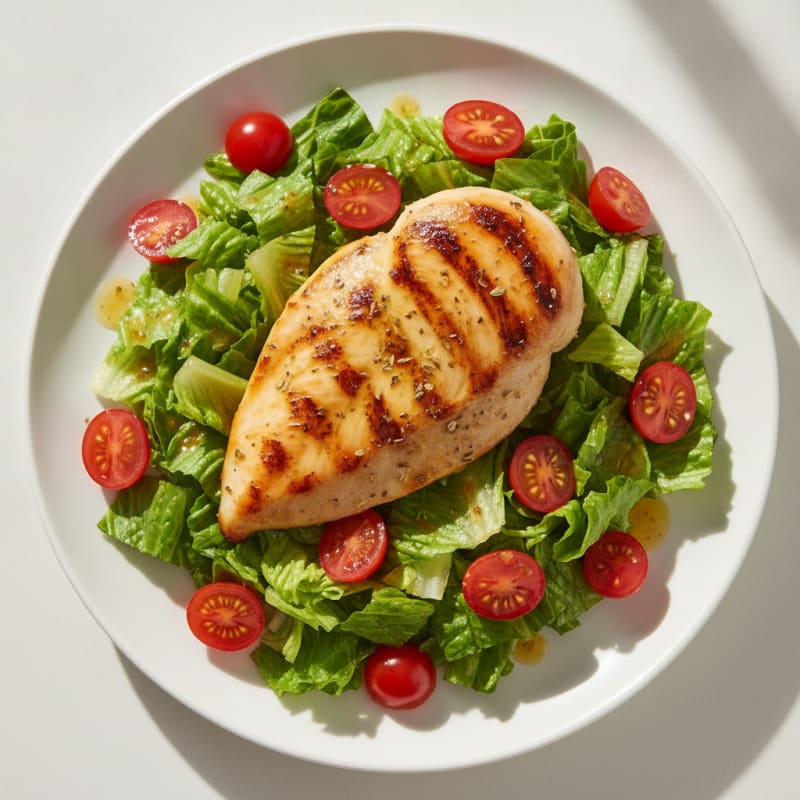 Grilled Chicken Breast with Crisp Romaine and Cherry Tomato Salad