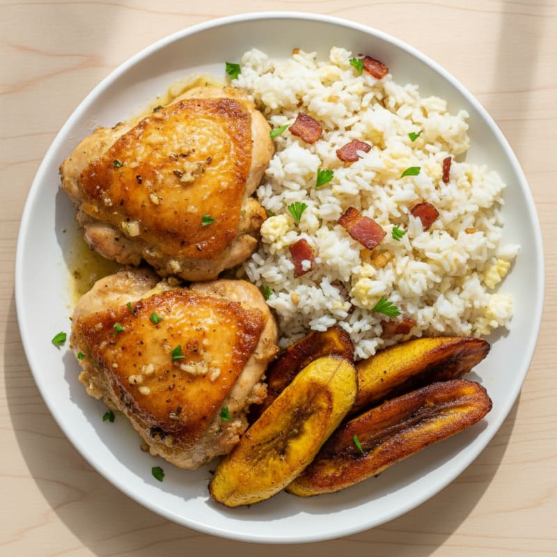 Oven-Baked Chicken Thighs with Garlic Rice and Roasted Plantain