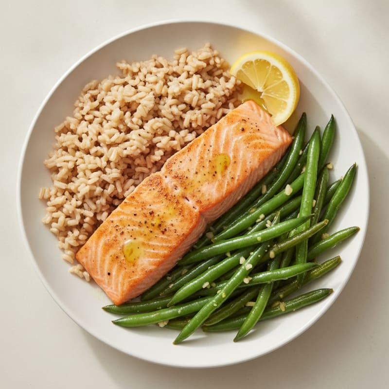 Seared Salmon with Garlic Green Beans and Brown Rice