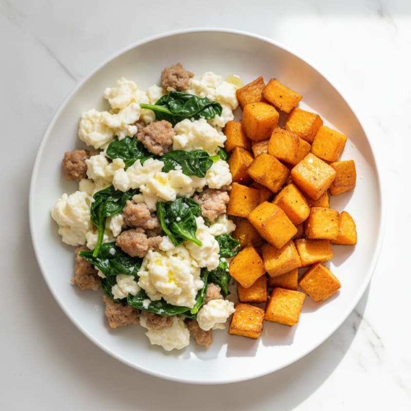 Egg White and Turkey Sausage Scramble with Spinach and Roasted Sweet Potato