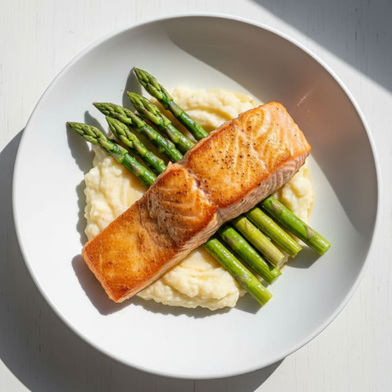 Seared Salmon with Steamed Asparagus and Cauliflower Mash