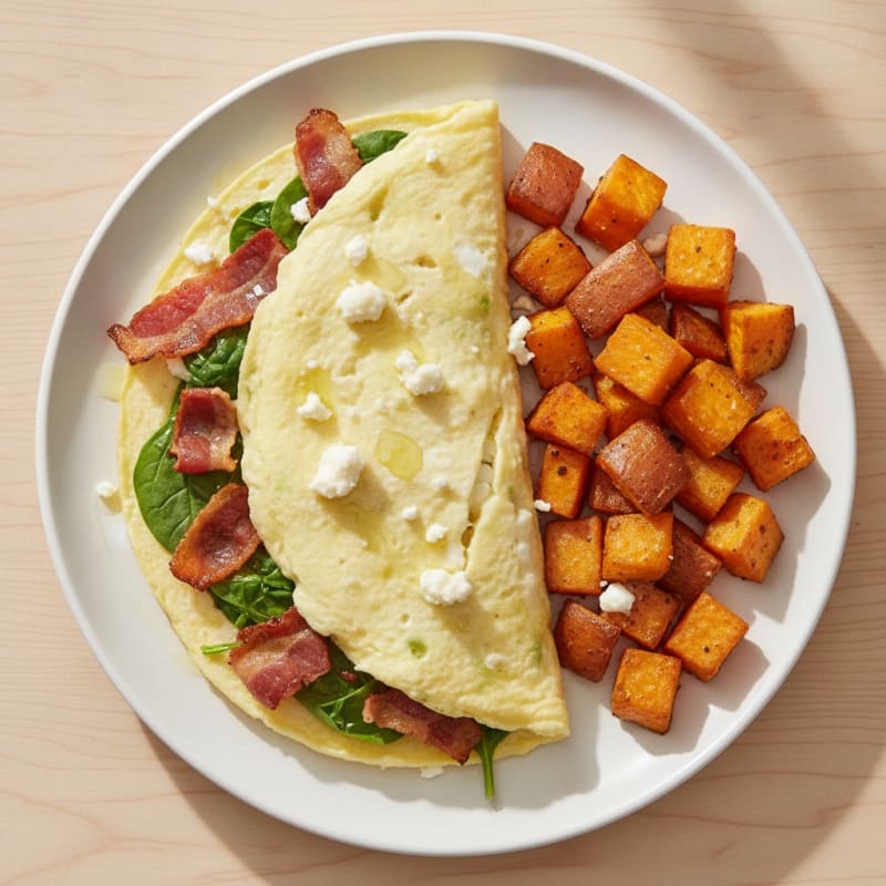 Crispy Turkey Bacon and Spinach Egg White Omelette with Roasted Sweet Potatoes