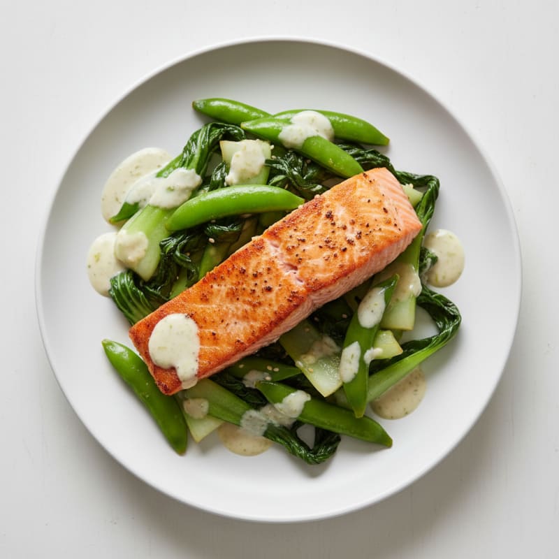 Seared Salmon with Stir-Fried Bok Choy and Snap Peas