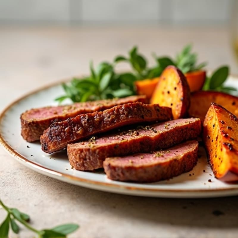Crispy Beef Tenderloin Strips with Roasted Sweet Potato Wedges