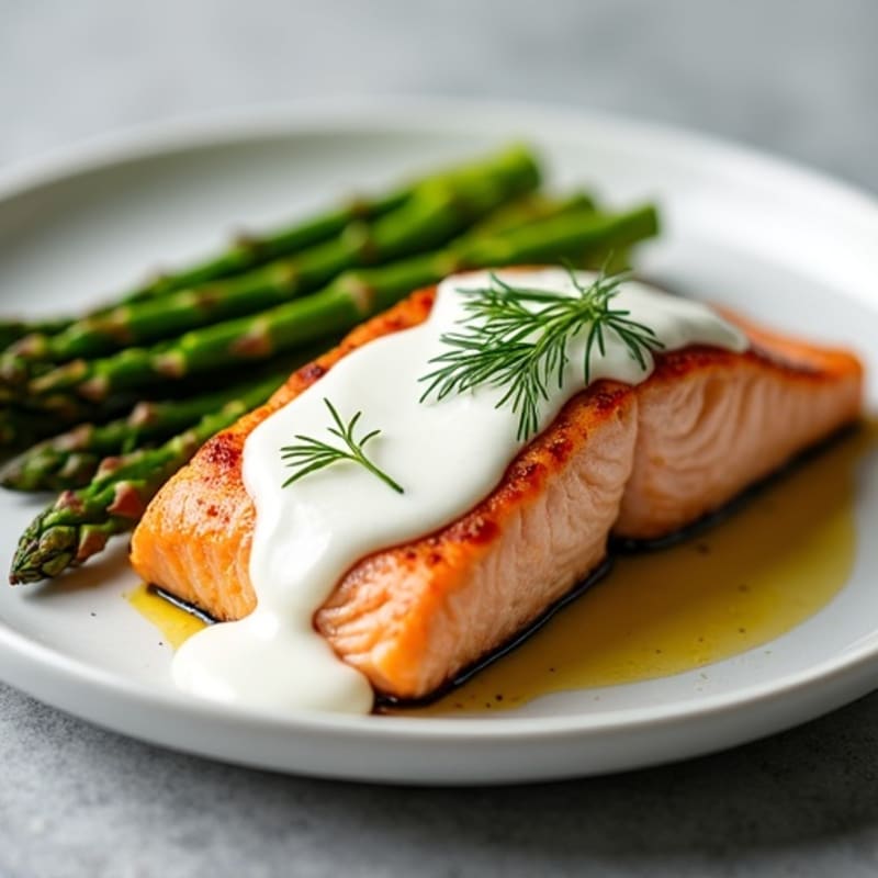 Pan-Seared Salmon with Creamy Lemon-Dill Sauce and Roasted Asparagus