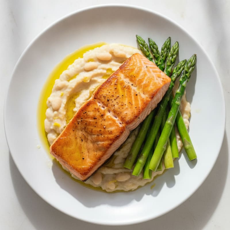 Seared Salmon with Creamy White Bean Mash and Steamed Asparagus