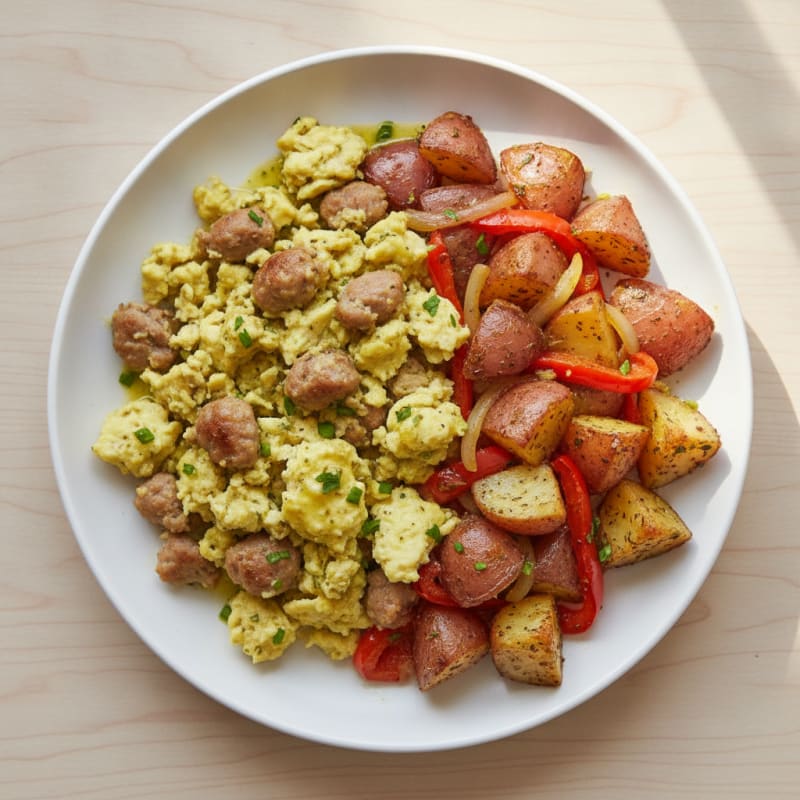 Egg and Turkey Sausage Scramble with Roasted Red Potatoes and Peppers