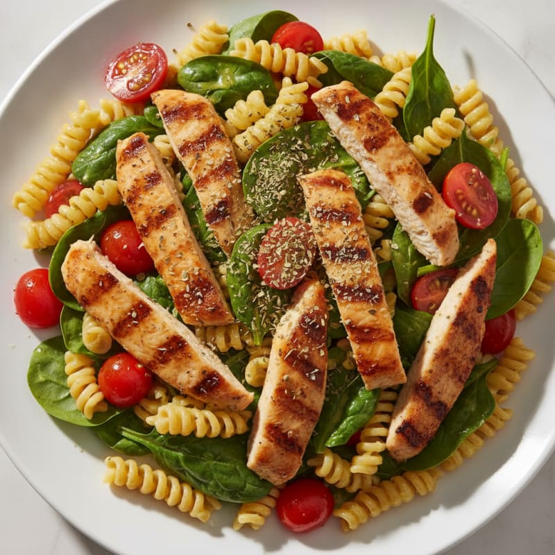 Grilled Chicken Pasta Salad with Spinach and Cherry Tomatoes