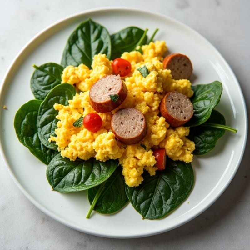 Egg White and Turkey Sausage Scramble with Sautéed Spinach